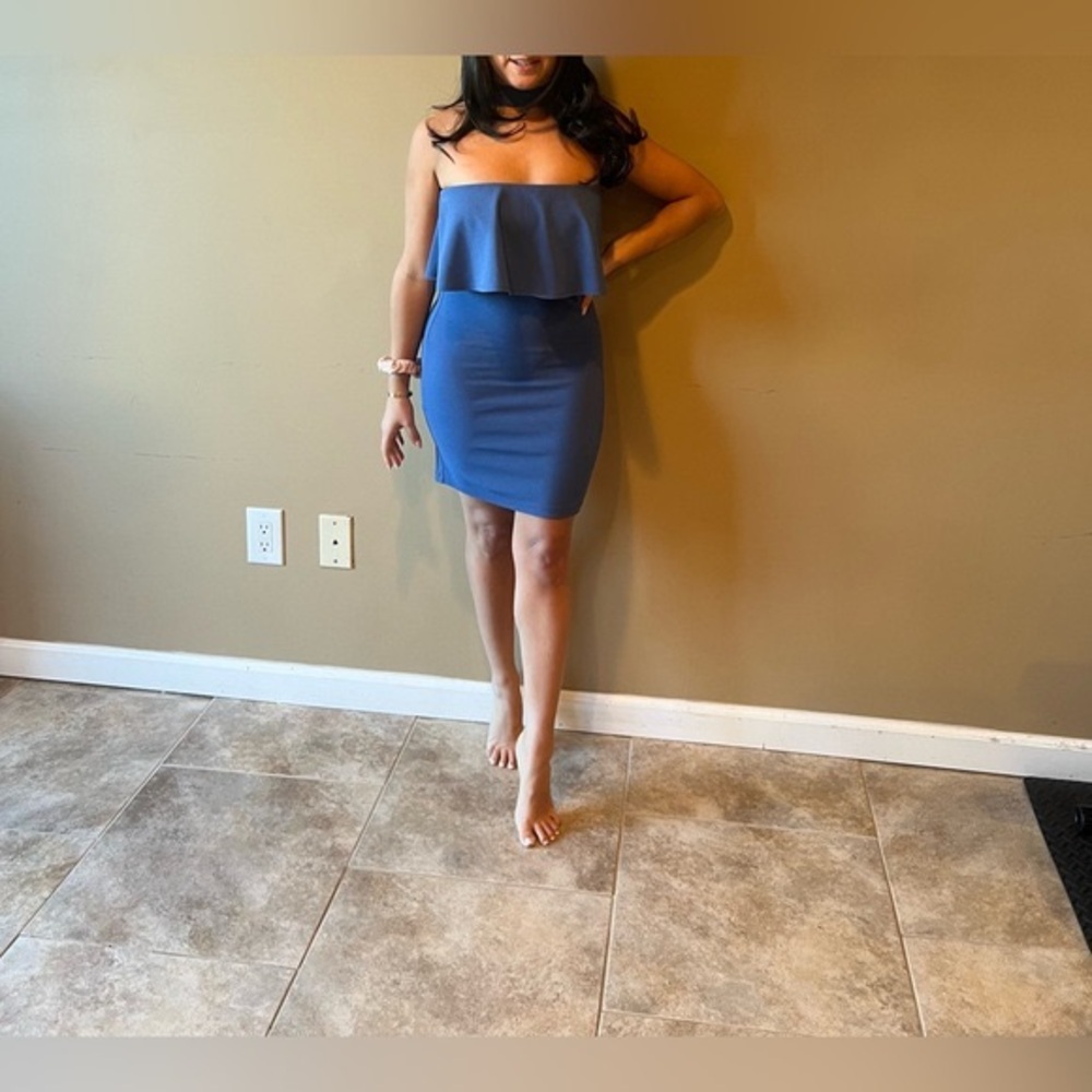 Mini Strapless Blue Dress with Choker Neckline